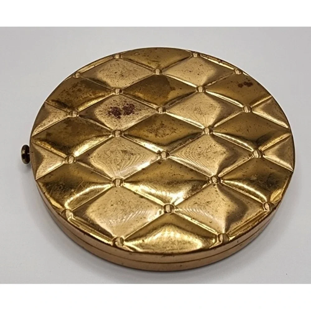 Vintage Compacts By Ritz Gold Tone Quilted Detail Circular Pressed Powder Tin